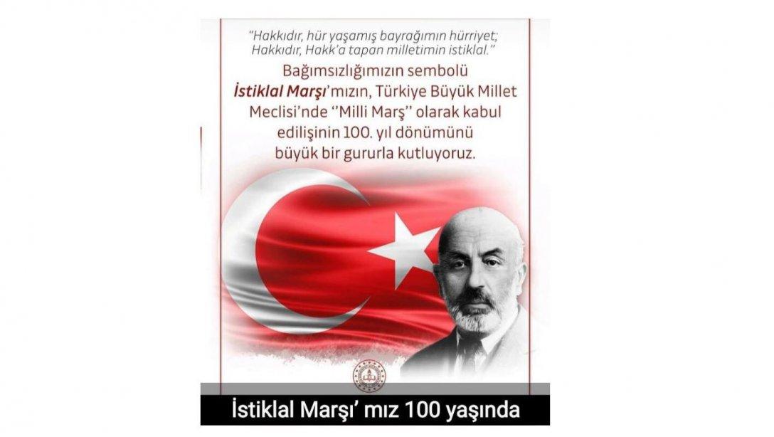 İlçe Milli Eğitim Müdürü'müz Hacı Murat YANMAZ'ın ''12 Mart İstiklal Marşı'nın Kabulü ve Mehmet Akif ERSOY'u Anma Günü'' 100. Yıl Mesajı